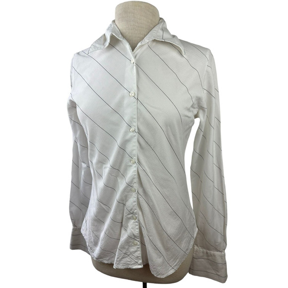 Anne Fontaine Paris Diagonal Pinstripe Button Blouse White Black Stripes Size 3 - Picture 11 of 11